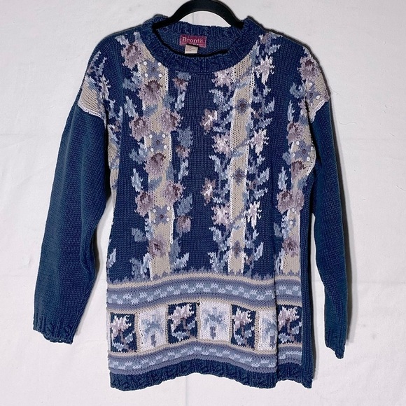 Vintage Brontë Knitted By Hand Ramie Cotton Floral Crew Neck Sweater S - Picture 11 of 11